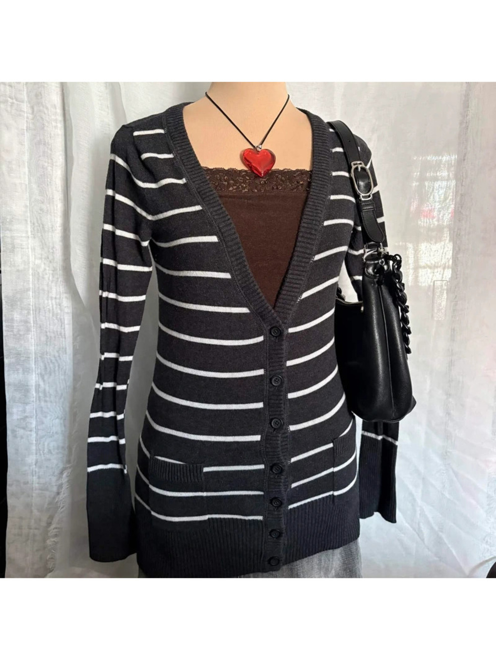 striped grey fitted cardigan